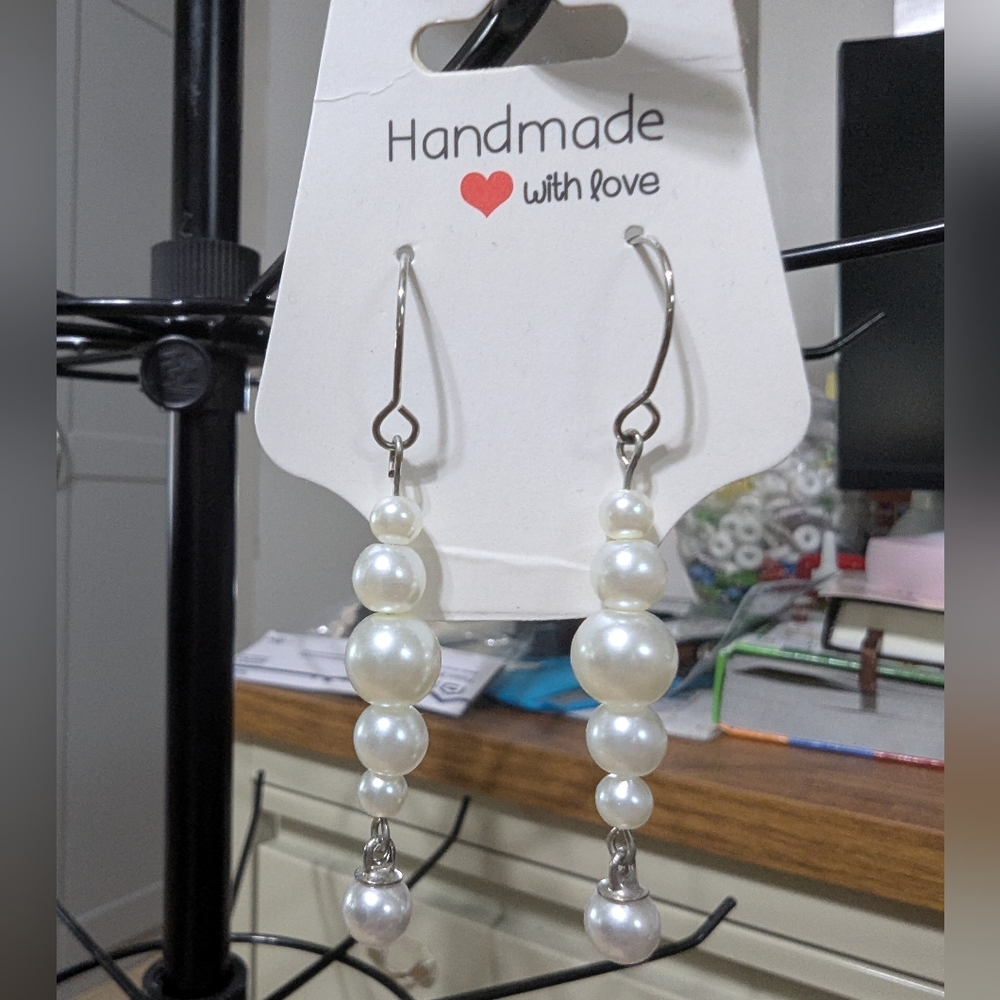 Silver White Pearl Dangle Earrings